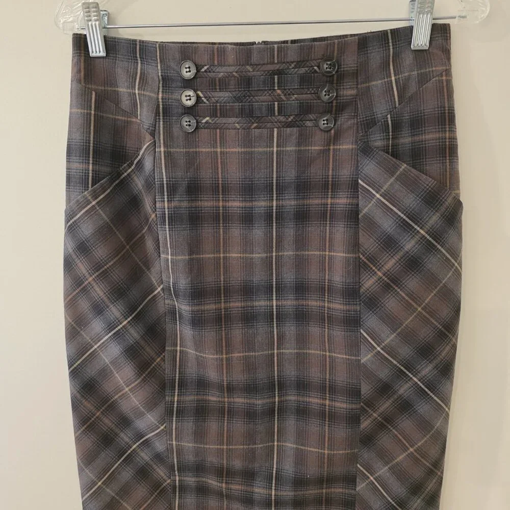 Katherine Barclay Skirt Pencil Straight Cut Black Brown Plaid Pockets Lined Sz 4